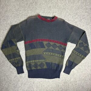 Vintage Sara International Mens M Geometric Knit Sweater Navy Blue Olive Red 90s